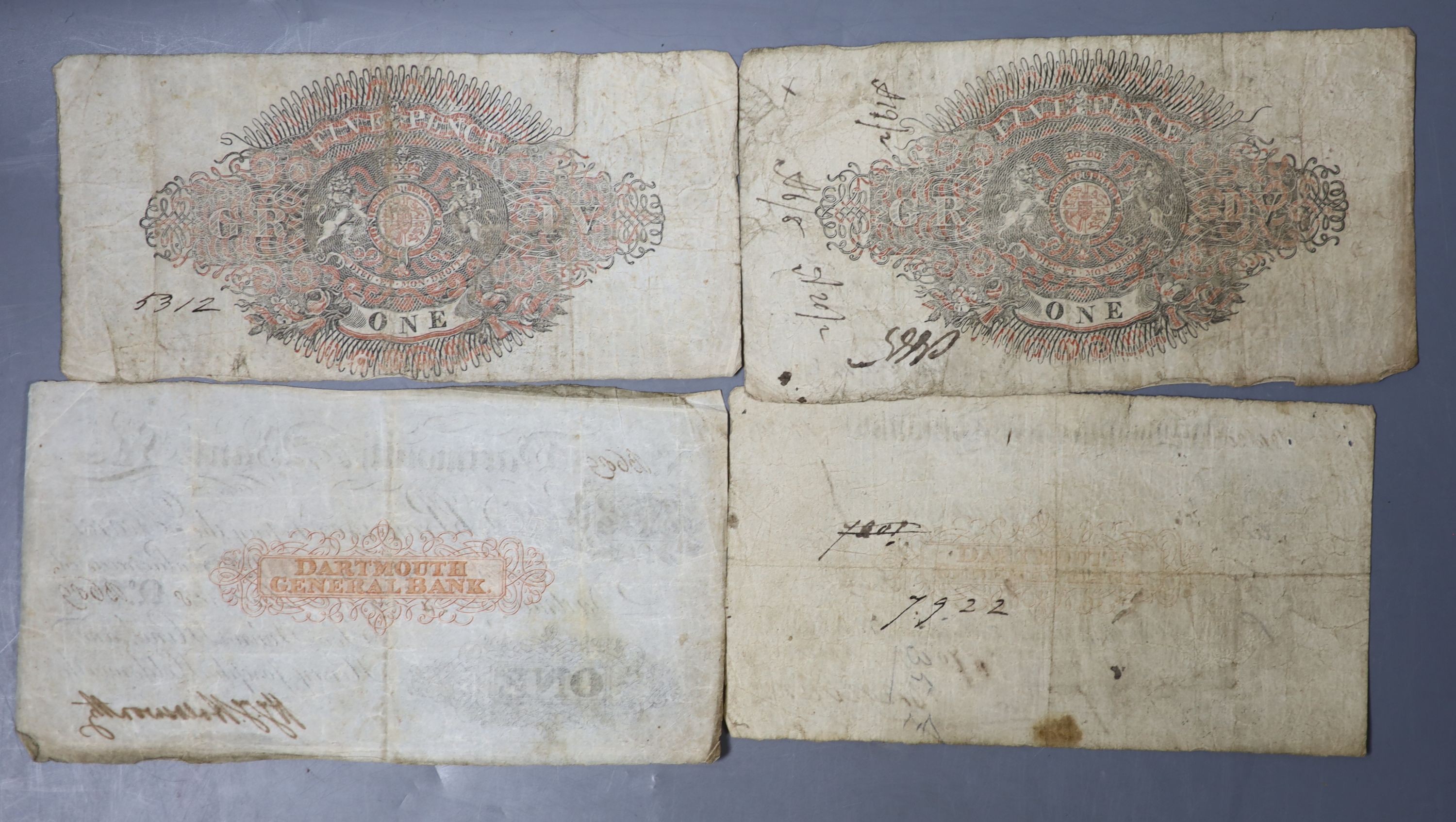 Dartmouth Central Bank, 1818-1823 banknotes, three £1 and one £5 bank note